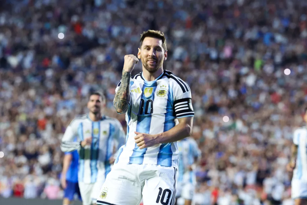 Jun 9, 2026; Auburn, Alabama, USA; Argentina forward Lionel Messi (10) celebrates after scoring a goal during the second half against Iceland during a Road to 26 men's international friendly at Jordan-Hare Stadium. Mandatory Credit: John Reed-Imagn Images