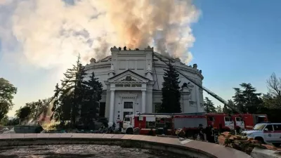 In this photo provided by Sevastopol mayor Mikhail Razvozhaev telegram channel on Wednesday, June 10, 2026, Firefighters put out a fire after a Ukrainian drone attack hit the building of "Defense of Sevastopol 1854–1855" Panorama in Sevastopol, Crimea. (Sevastopol mayor Mikhail Razvozhaev telegram channel via AP)