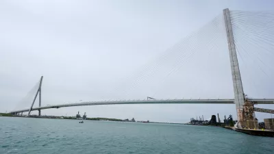 FILE - The Gordie Howe Bridge is shown under construction between Windsor, Ontario and Detroit, May 22, 2026. (AP Photo/Paul Sancya, File)