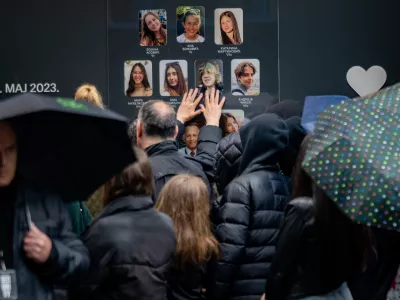 People are paying tribute to the victims of the Vladislav Ribnikar primary school shooting in Belgrade, Serbia, on May 3, 2024. (Photo by Uros Arsic/NurPhoto)NO USE FRANCE