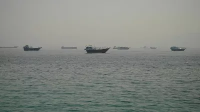 Vessels are anchored in the Strait of Hormuz, as seen from Musandam, Oman, June 11, 2026. REUTERS/Stringer