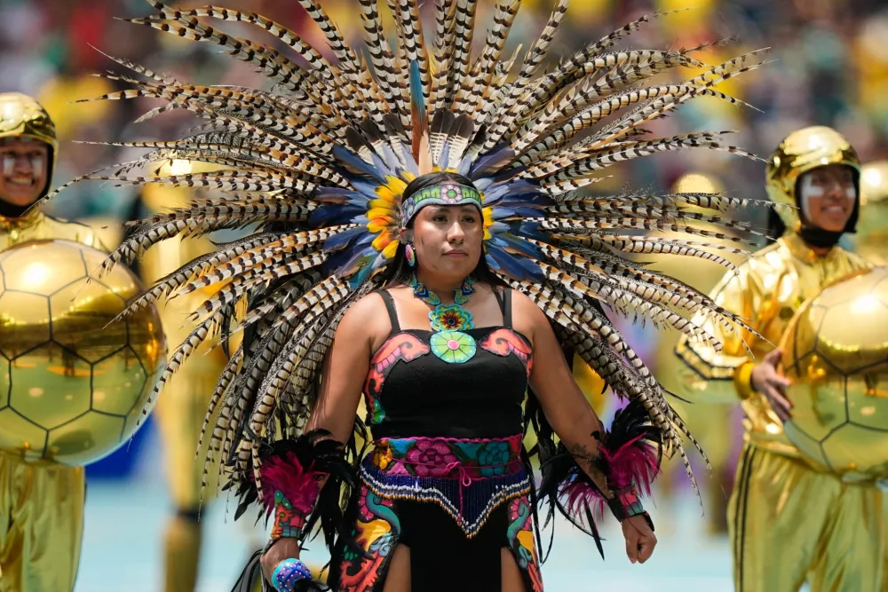 Performers on the pitch during the opening ceremony before the start of the World Cup Group A soccer match between Mexico and South Africa in Mexico City, Thursday, June 11, 2026. (AP Photo/Natacha Pisarenko)
