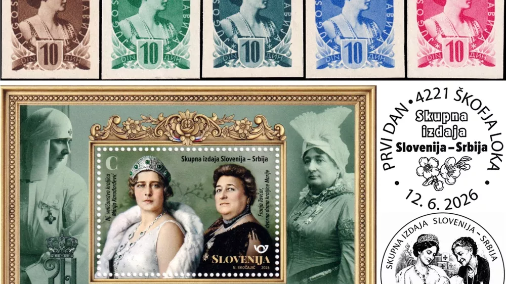 Osnutek za redno znamko avtorja Božidarja Jakca iz leta 1930, motiv kraljice Marije v več barvah, blok skupne izdaje Slovenije in Srbije ter žig prvega dne in priložnostni žig po&scaron;te 4421 &Scaron;kofja Loka.