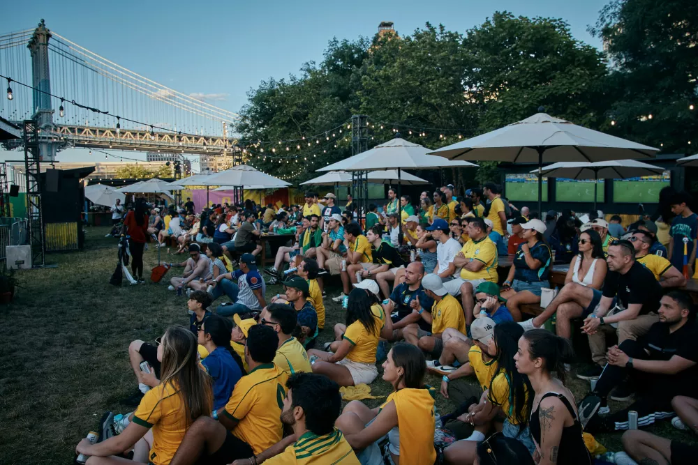 Brazil's fans watch the World Cup Group C match between Brazil and Morocco in Brooklyn Bridge park, Saturday, June 13, 2026, in New York. (AP Photo/Andres Kudacki)
