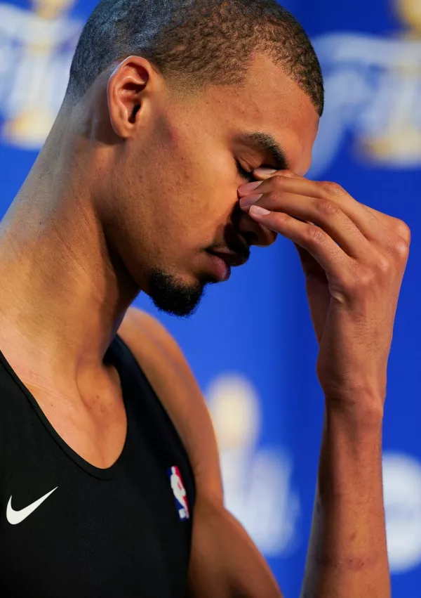Jun 13, 2026; San Antonio, Texas, USA; San Antonio Spurs forward Victor Wembanyama (1) speaks to the media after the New York Knicks defeat the Spurs during game five of the 2026 NBA Finals at Frost Bank Center. Mandatory Credit: Dustin Safranek-Imagn Images   TPX IMAGES OF THE DAY
