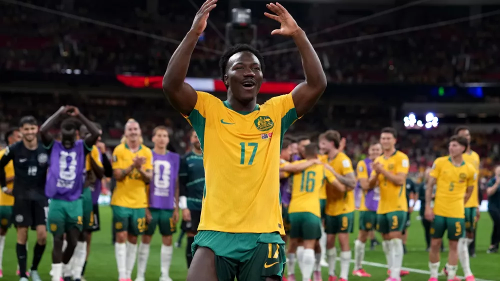 Australia's Nestory Irankunda gestures to the crowd after the World Cup Group D soccer match between Australia and Turkey in Vancouver, Canada, Saturday, June 13, 2026. (Ethan Cairns/The Canadian Press via AP)