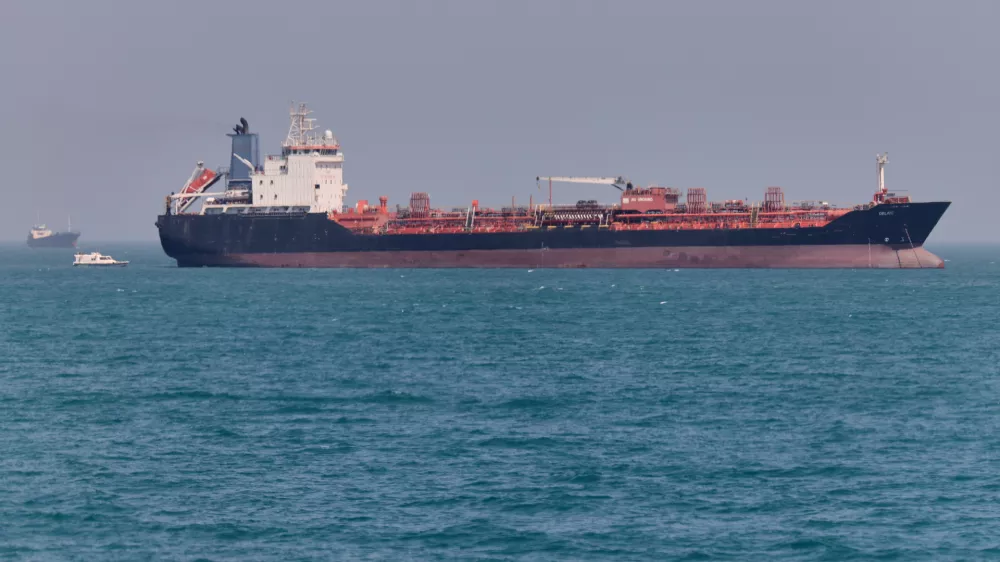 An oil tanker sits at anchor in the Strait of Hormuz off Bandar Abbas, Iran, Saturday, May 2, 2026.(Amirhosein Khorgooi/ISNA via AP)