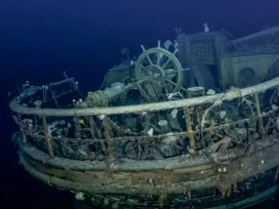 March 9, 2022, Weddell Sea, Antarctica: In this photo provided by Falklands Maritime Heritage Trust, is a view of the taffrail, ship's wheel and aft well deck on the wreck of Endurance. Scientists say they have found Endurance, Ernest Shackleton's ship that sank in the Antarctic in 1915.,Image: 668575688, License: Rights-managed, Restrictions: ***HANDOUT image or SOCIAL MEDIA IMAGE or FILMSTILL for EDITORIAL USE ONLY! * Please note: Fees charged by Profimedia are for the Profimedia's services only, and do not, nor are they intended to, convey to the user any ownership of Copyright or License in the material. Profimedia does not claim any ownership including but not limited to Copyright or License in the attached material. By publishing this material you (the user) expressly agree to indemnify and to hold Profimedia and its directors, shareholders and employees harmless from any loss, claims, damages, demands, expenses (including legal fees), or any causes of action or allegation against Profimedia arising out of or connected in any way with publication of the material. Profimedia does not claim any copyright or license in the attached materials. Any downloading fees charged by Profimedia are for Profimedia's services only. * Handling Fee Only ***, Model Release: no 
