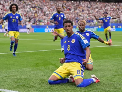 Cura&ccedil;ao's Livano Comenencia celebrates after scoring during the World Cup Group E soccer match between Germany and Curacao in Houston, Sunday, June 14, 2026. (AP Photo/Eric Gay)