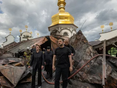 Ukraine's President Volodymyr Zelenskiy and Ukrainian Prime Minister Yulia Svyrydenko visit the Dormition Cathedral of the Kyiv Pechersk Lavra, which was hit during Russian missile and drone strikes, amid Russia's attack on Ukraine, in Kyiv, Ukraine June 15, 2026. Ukrainian Presidential Press Service/Handout via REUTERS ATTENTION EDITORS - THIS IMAGE HAS BEEN SUPPLIED BY A THIRD PARTY.    TPX IMAGES OF THE DAY