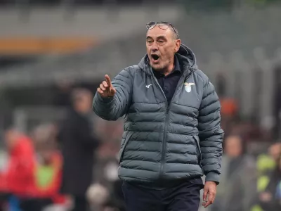 FILE - Lazio's head coach Maurizio Sarri gestures during the Serie A soccer match between AC Milan and Lazio, in Milan, Italy, Nov. 29, 2025. (AP Photo/Antonio Calanni, File)