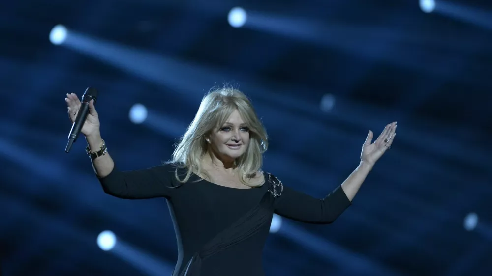 Bonnie Tyler representing the UK rehearses her entry "Belive in me" Wednesday May, 15, 2013 in Malmo Sweden prior to the Eurovision song contest final on Saturday. (AP Photo/Janerik Henriksson) SWEDEN OUT 