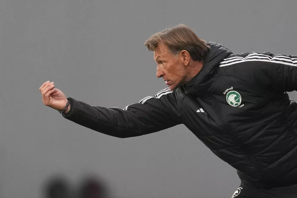 FILE - Saudi Arabia's head coach Herve Renard gestures during the international friendly soccer match between Serbia and Saudi Arabia in Backa Topola, Serbia, Tuesday, March 31, 2026. (AP Photo/Darko Vojinovic, File)