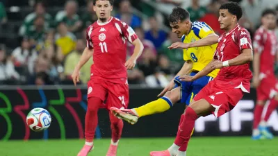 Sweden's Yasin Ayari (18) scores his team's fifth goal during the World Cup Group F soccer match between Sweden and Tunisia in Guadalupe, near Monterrey, Mexico, Sunday, June 14, 2026. (AP Photo/Matias Delacroix)