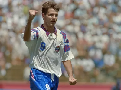 Russian forward Oleg Salenko celebrates after scoring his fourth goal against Cameroon during a World Cup match on June 28, 1994 in Stanford Stadium, in San Francisco. Salenko scored a record five goals in Russia 6-1 victory. The 15th FIFA World Cup took place in 1994. The United States hosted the event, which was held at nine locations nationwide from June 17 to July 17, 1994. Despite soccer's relative lack of popularity in the host country, the United States was selected, and the competition was the most profitable in World Cup history.,Image: 1044373445, License: Rights-managed, Restrictions:, Model Release: no 