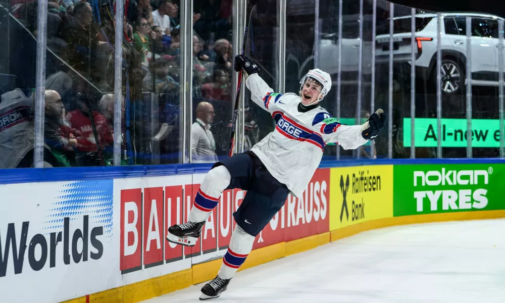Tinus Luc Koblar of Norway celebrates after 4-5 during the 2026 IIHF Ice Hockey World Championship between Canada and Norway on May 21, 2026 in Fribourg.2026 IIHF Ice Hockey World Championship, Day 7, Canada - Norway, Fribourg, Switzerland - 21 May 2026,Image: 1103052555, License: Rights-managed, Restrictions:, Model Release: no 