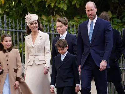 FILE PHOTO: Britain's Princess Charlotte, Kate, the Princess of Wales, Prince George, Prince Louis, and William, the Prince of Wales, arrive to attend the Easter Matins Service at St. George's Chapel in Windsor, Britain, April 5, 2026. Alberto Pezzali/Pool via REUTERS/File Photo