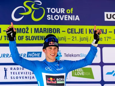 Laurence Pithie (Red Bull - Bora - Hansgrohe / NZL) celebrates during Stage 2 of 32nd Tour of Slovenia 2026 cycling race from Radlje ob Dravi to Ormoz (181,8km), on June 18, 2026 in Slovenia. Photo by Matic Klansek Velej / Sportida