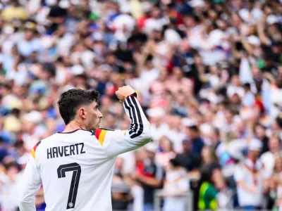 14 June 2026, United States, Houston: Soccer, Men: World Cup, Germany vs. Cura&ccedil;ao, Group Stage, Group E, Matchday 1, Houston Stadium, Kai Havertz (Germany) celebrates after scoring the goal that made it 3-1. ATTENTION: In accordance with FIFA regulations, these images may be used exclusively for editorial purposes. Commercial use is prohibited. Furthermore, no video-like sequences may be created, and no alterations may be made to the image, either in the foreground or the background. Photo: Tom Weller/dpa,Image: 1110384982, License: Rights-managed, Restrictions: GERMANY OUT, Model Release: no 