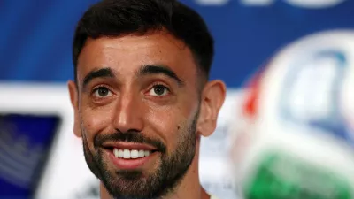 Soccer Football - FIFA World Cup 2026 - Portugal Press Conference - Houston Stadium, Houston, Texas, U.S. - June 16, 2026 Portugal's Bruno Fernandes during the press conference REUTERS/Pedro Nunes