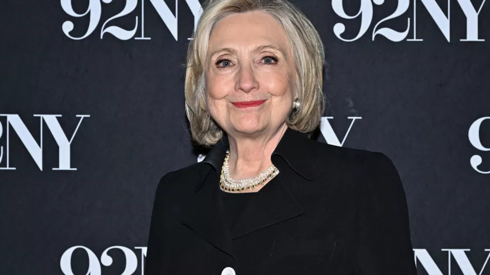 Secretary Hillary Rodham Clinton poses before taping an episode of The New Yorker Radio Hour at The 92nd Street Y on Monday, June 15, 2026, in New York. (Photo by Evan Agostini/Invision/AP)