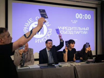 Russian opposition politician Ilya Yashin casts his vote during the election of members of the Political Council at the founding congress of the Peaceful Russia party. The Peaceful Russia party was founded by Russian opposition politicians, anti-war activists, former municipal deputies, human rights advocates and members of the Russian diaspora living in exile. During its founding delegates adopted the party's charter and manifesto, elected governing bodies and discussed the organization's future political strategy. According to its founders, the party aims to represent anti-war Russians, support democratic initiatives and advocate for a peaceful, democratic and law-based future for Russia. The organization also seeks to maintain political engagement with Russian civil society and strengthen cooperation among Russian democratic communities abroad.Founding congress for the Peaceful Russia party in Berlin, Germany - 13 Jun 2026,Image: 1110153829, License: Rights-managed, Restrictions:, Model Release: no 