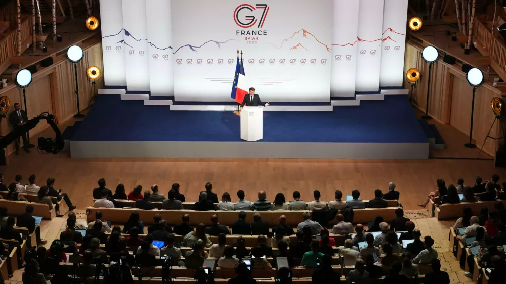 French President Emmanuel Macron speaks during a media conference at the end of the G7 summit in Evian-les-Bains, France, Wednesday, June 17, 2026. (AP Photo/Thibault Camus)