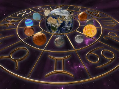 3D rendering image of a brilliant gold zodiac horoscope sign with the twelve planet globes of astrology. A spiritual mystic scene on a background with water.