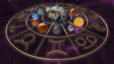 3D rendering image of a brilliant gold zodiac horoscope sign with the twelve planet globes of astrology. A spiritual mystic scene on a background with water.