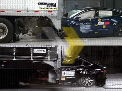 Avtomobil lahko pri trčenju v zadek tovornega vozila podenj dobesedno posesa. / Foto: Euroncap
