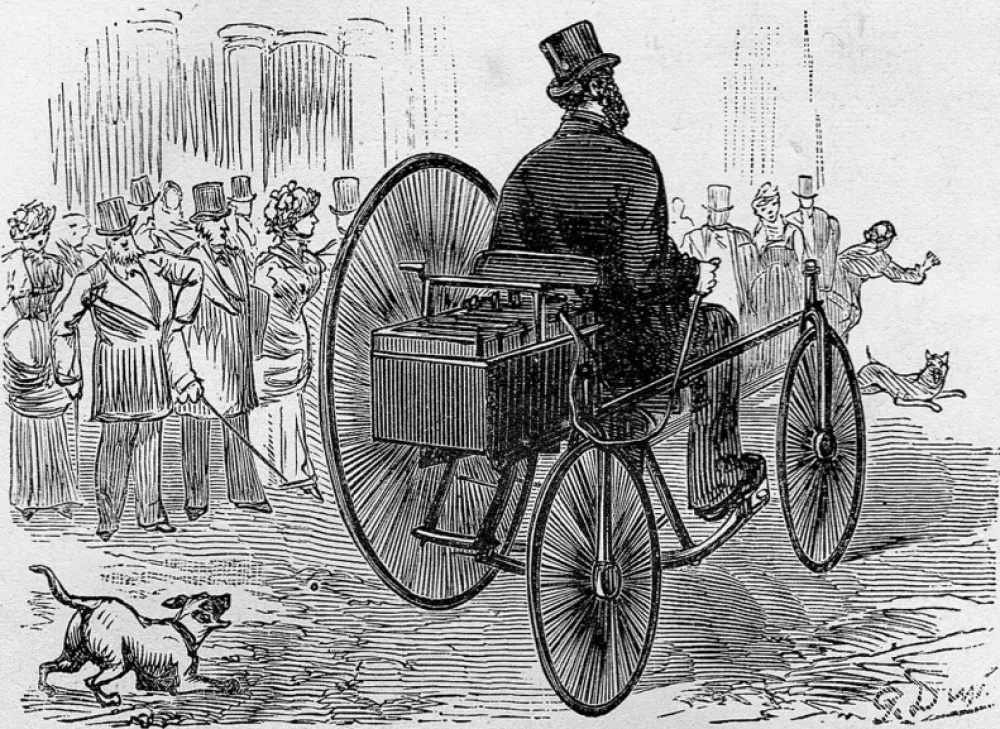 Ilustracija prvega električnega avtomobila, trikolesnika, ki ga je leta 1881 izdelal francoski inovator Gustave Trouve. / Foto: Wikipedia