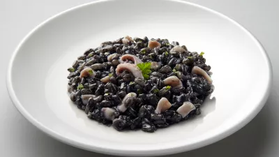 Dish of risotto with squid ink isolated on grey plane / Foto: Antoniotruzzi