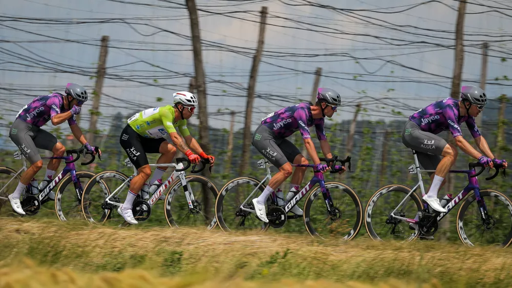 Zalec.Kolesarska dirka po Sloveniji, druga etapa od Velenja do Rogaske Slatine (157,8 km).Vodilni na dirki po Sloveniji, Nizozemec Dylan Groenewegen (Jayco AlUla) ob svoji pomocnikih.