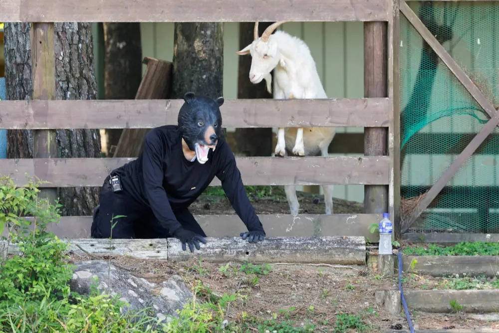 A man in a bear costume takes part in an emergency response drill simulating a bear intrusion in Yaita, Tochigi Prefecture, Japan, June 17, 2026. REUTERS/Kim Kyung-Hoon   TPX IMAGES OF THE DAY