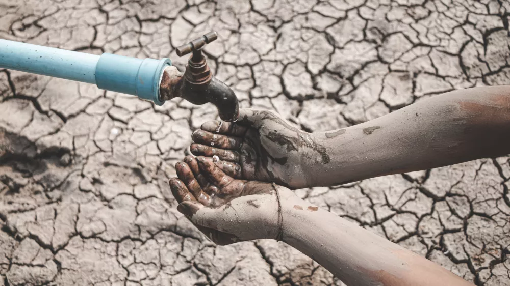 The little boy waiting for drinking water to live through this drought, Concept drought and crisis environment.
