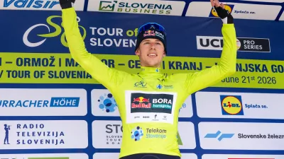 Winner Laurence Pithie (Red Bull - Bora - Hansgrohe / NZL) celebrates during Trophy ceremony after Stage 1 of 32nd Tour of Slovenia 2026 cycling race from Velenje to Rogaska Slatina (141,3km), on June 17, 2026 in Slovenia. Photo by&nbsp;Vid Ponikvar&nbsp;/ Sportida