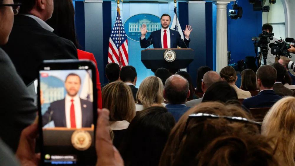U.S. Vice President JD Vance holds a press briefing at the White House in Washington, D.C., U.S., June 18, 2026. REUTERS/Eric Lee