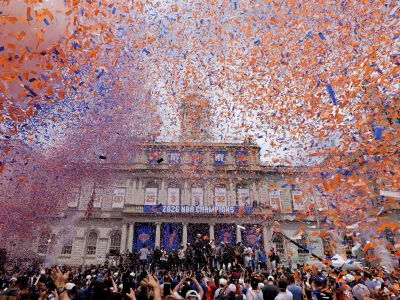 Jun 18, 2026; New York, NY, USA; New York Knicks players and coaches and staff celebrate their NBA championship with New York dignitaries and fans following a ceremony at New York City Hall. Mandatory Credit: Brad Penner-Imagn Images