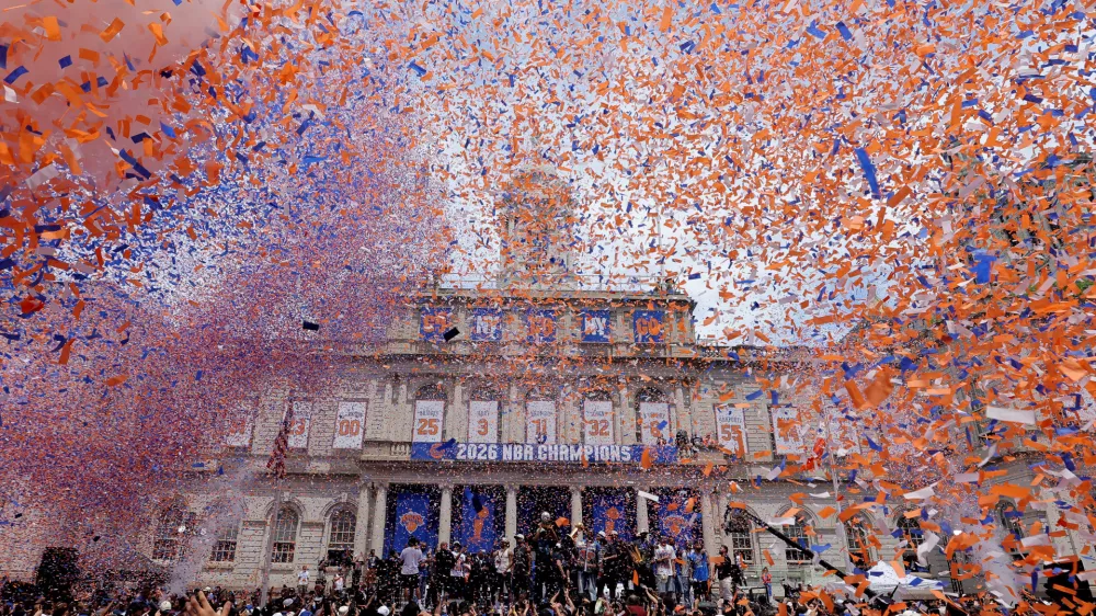 Jun 18, 2026; New York, NY, USA; New York Knicks players and coaches and staff celebrate their NBA championship with New York dignitaries and fans following a ceremony at New York City Hall. Mandatory Credit: Brad Penner-Imagn Images