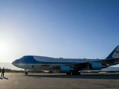 Air Force One, with US President Donald Trump onboard, is seen before departing from Geneva Airport, following the G7 summit in nearby Evian-les-Bains, France, in Geneva, Switzerland, Wednesday, June 17, 2026. (Martial Trezzini/Keystone/Pool via AP)