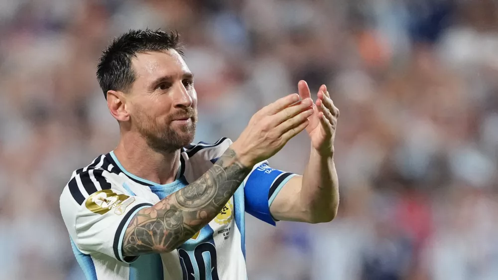 Soccer Football - FIFA World Cup 2026 - Group J - Argentina v Algeria - Kansas City Stadium, Kansas City, Missouri, U.S. - June 16, 2026 Argentina's Lionel Messi celebrates scoring their third goal to complete a hat-trick IMAGN IMAGES via Reuters/Jay Biggerstaff