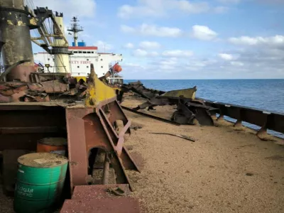 FILE PHOTO: A view shows a damaged civilian cargo vessel, carrying wheat grain to Egypt, which was hit by a Russian missile strike after it left Ukrainian maritime border in the Black Sea, amid Russia's attack on Ukraine, September 12, 2024. Ukrainian Presidential Press Service/Handout via REUTERS ATTENTION EDITORS - THIS IMAGE HAS BEEN SUPPLIED BY A THIRD PARTY./File Photo