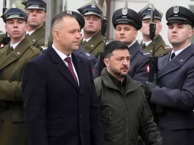 FILE - Polish President Karol Nawrocki, left, and Ukrainian President Volodymyr Zelenskyy attend an official welcome ceremony before their meeting at the Presidential Palace in Warsaw, Poland, Dec. 19, 2025. (AP Photo/Czarek Sokolowski, File)