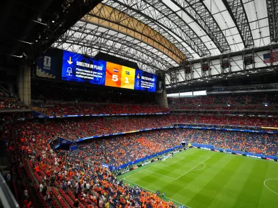 Spectators in the stands after the World Cup Group F soccer match between the Netherlands and Sweden in Houston, Saturday, June 20, 2026. (AP Photo/Karen Warren)
