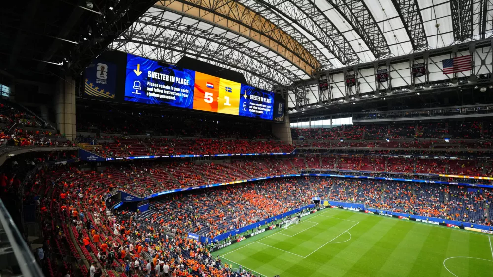 Spectators in the stands after the World Cup Group F soccer match between the Netherlands and Sweden in Houston, Saturday, June 20, 2026. (AP Photo/Karen Warren)