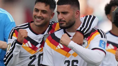 Germany's Nadiem Amiri, left and teammate Germany's Deniz Undav react after the World Cup Group E soccer match between Germany and Ivory Coast in Toronto, Saturday, June 20, 2026. (AP Photo/Stephanie Scarbrough)