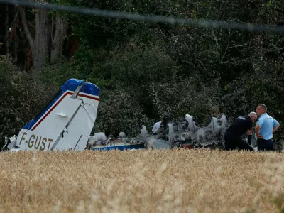 Forensic technicians examine the wreckage of the Cessna 421 piloted by Ubisoft co-founder Claude Guillemot, who was killed when the aircraft crashed while approaching La Baule-Escoublac airfield Friday evening in La Baule, western France, Saturday, June 20, 2026. (AP Photo/Jeremia Gonzalez)