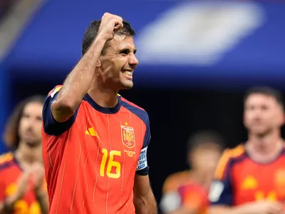 Spain's Rodri reacts at the the end of the World Cup Group H soccer match between Spain and Saudi Arabia in Atlanta, Sunday, June 21, 2026. (AP Photo/Mike Stewart)