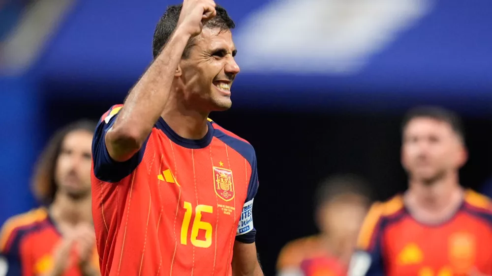 Spain's Rodri reacts at the the end of the World Cup Group H soccer match between Spain and Saudi Arabia in Atlanta, Sunday, June 21, 2026. (AP Photo/Mike Stewart)