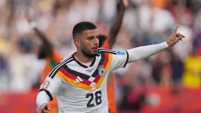 Germany's Deniz Undav celebrates after scoring their second goal during the World Cup Group E soccer match between Germany and Ivory Coast in Toronto, Saturday, June 20, 2026. (AP Photo/Stephanie Scarbrough)